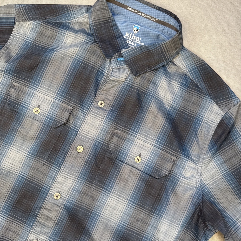 KUHL Men's Small Stealth Shirt SS Button Shadow Plaid Gray Blue EUC